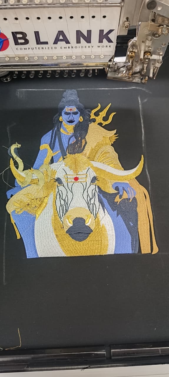 Multi-colour Lord Shiva embroidery stitched on black fabric at Blank