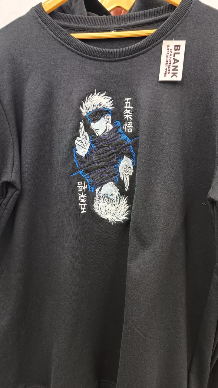 Black sweatshirt with anime character embroidery on the chest
