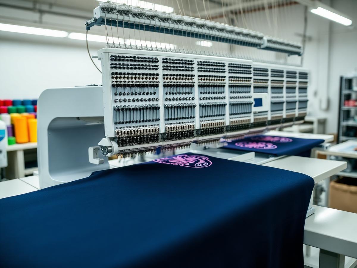 Multi-head embroidery machine stitching a design onto navy fabric