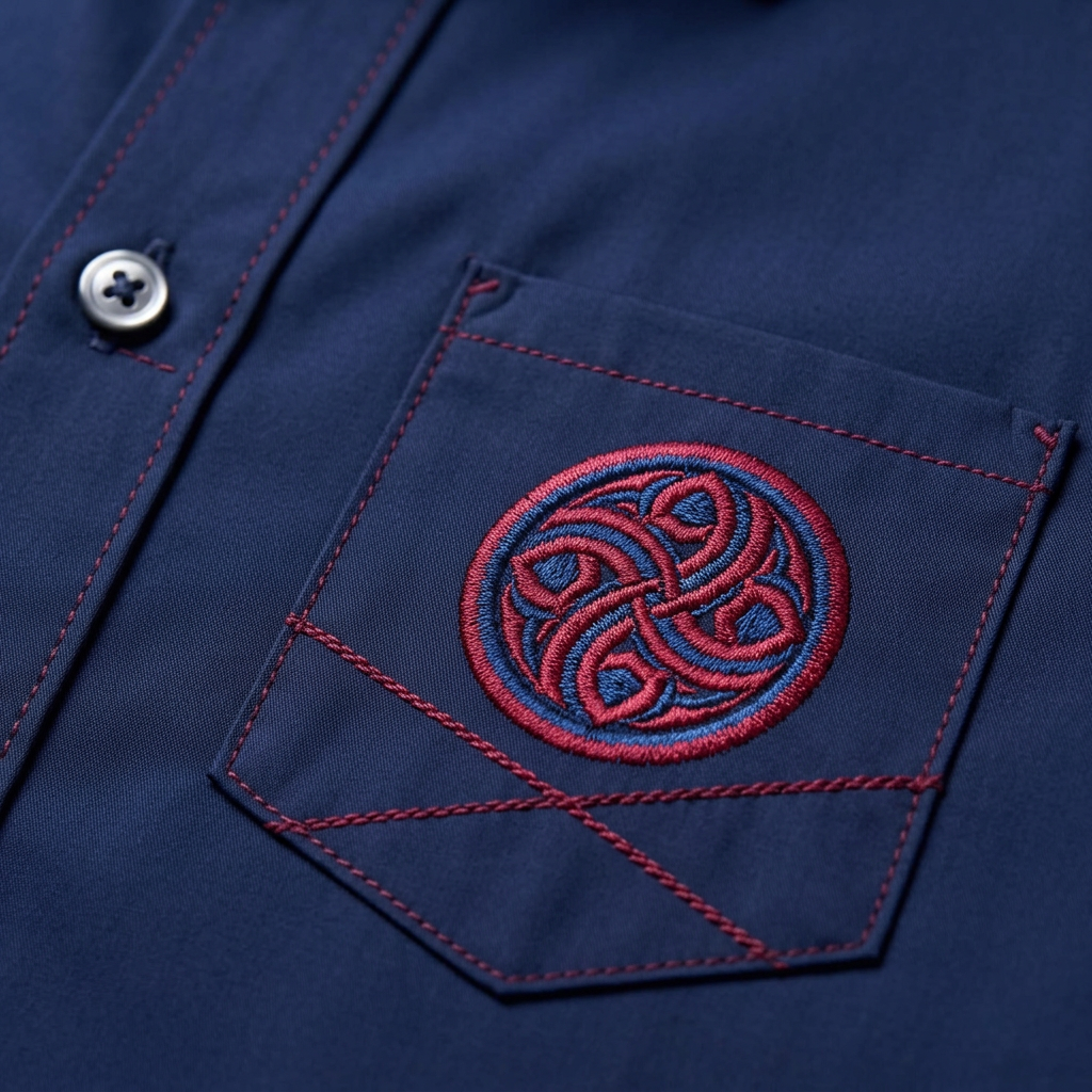 Close-up of a navy shirt pocket with contrast red stitching