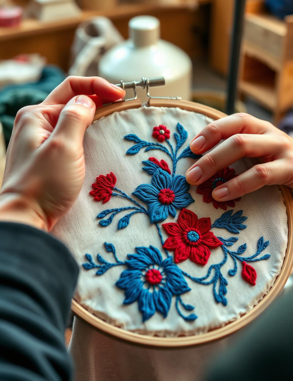 Detailed floral embroidery in blue and red thread inside a hoop
