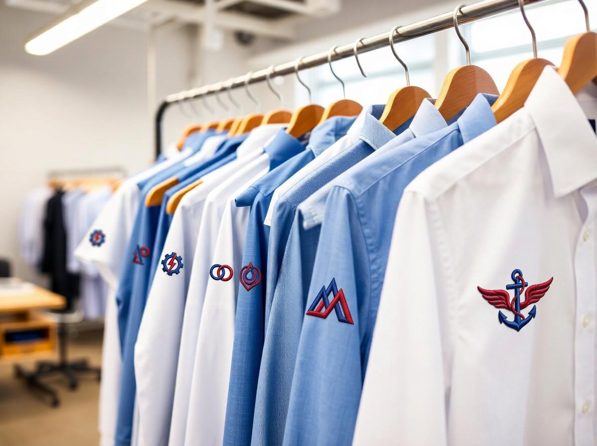 Rack of finished custom shirts in a studio