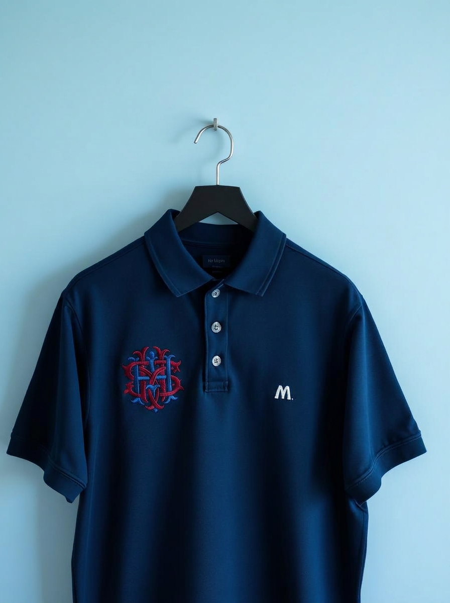 Navy polo shirt on a hanger with embroidered chest logo