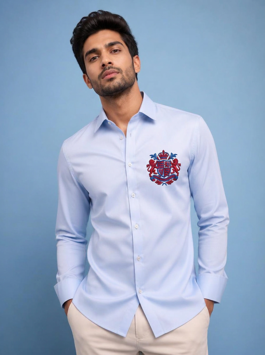Man wearing a custom light blue formal shirt