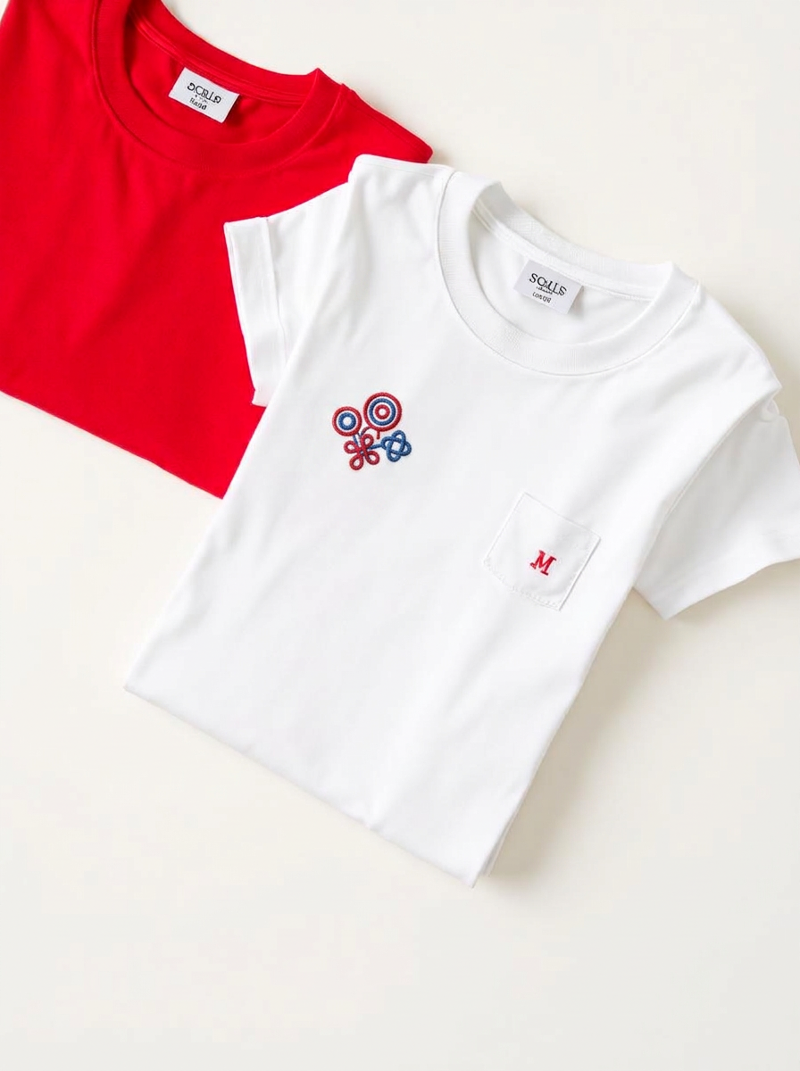Folded white and red t-shirts with a small embroidered chest detail