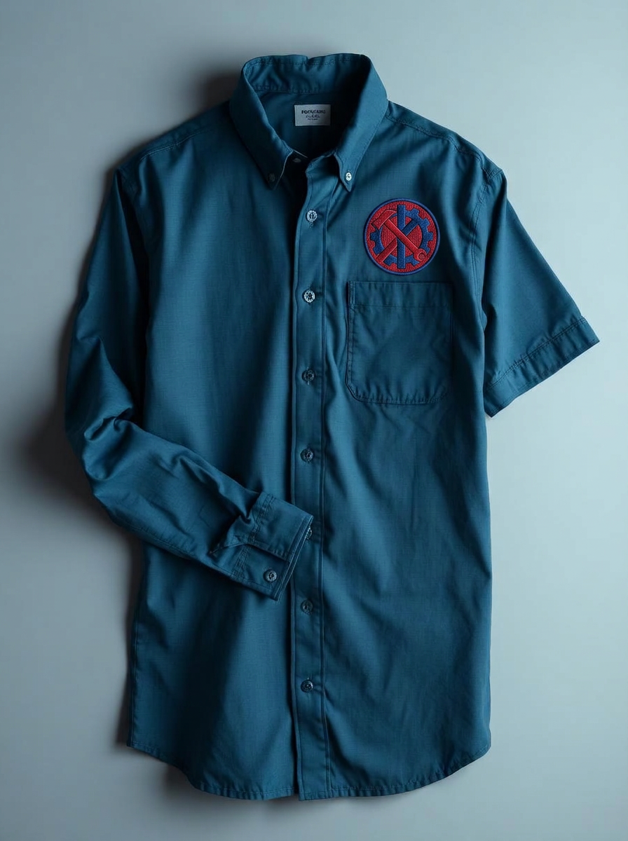Slate blue workwear shirt folded on a plain surface