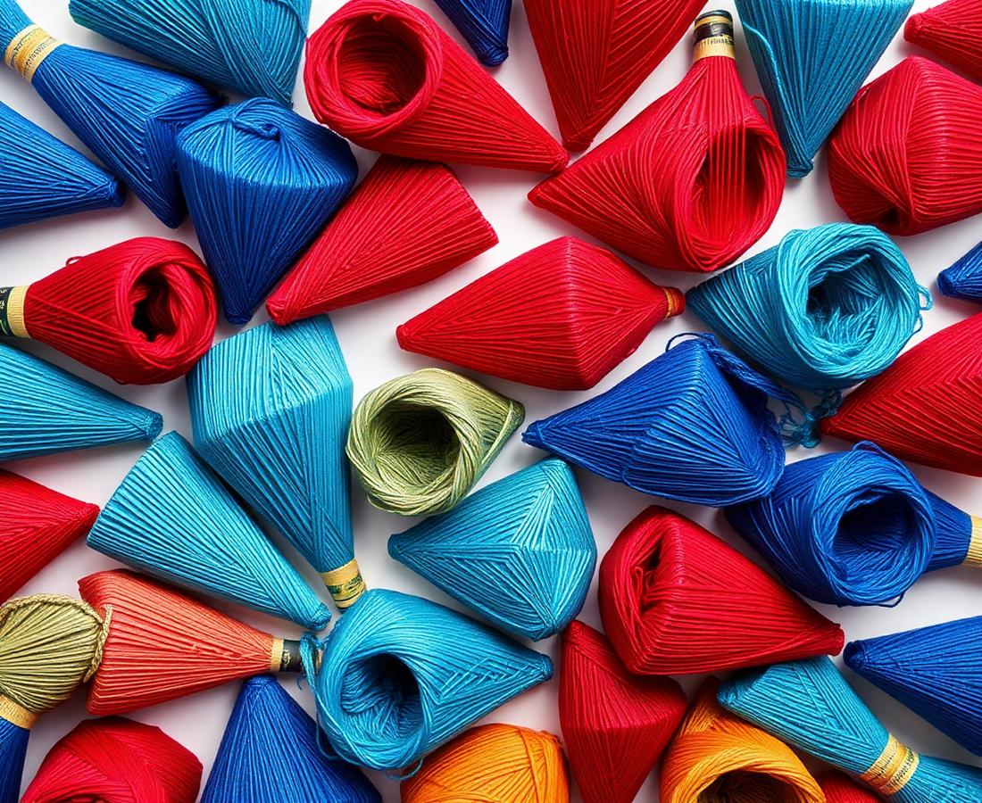 Cones of blue and red embroidery thread arranged in a grid