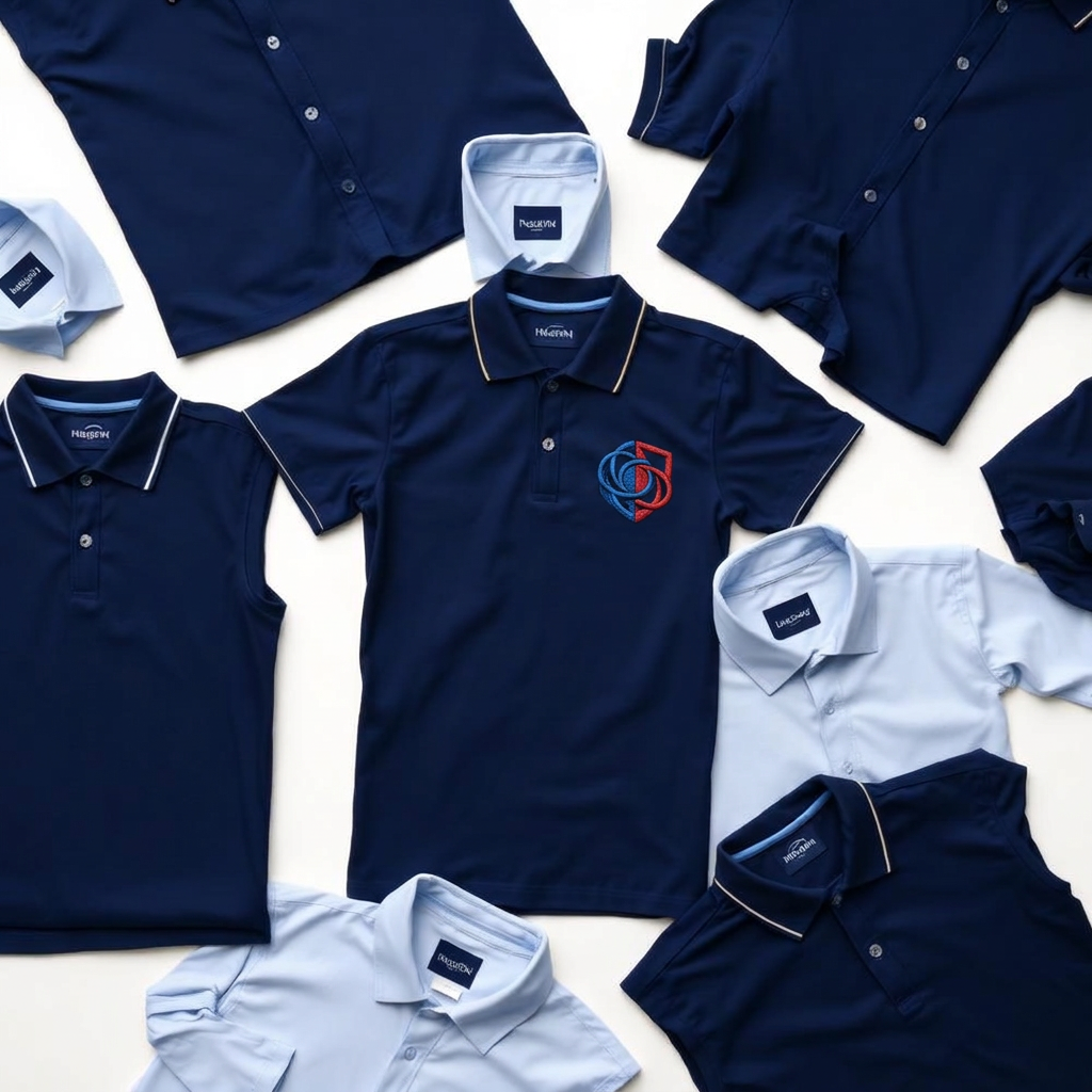 Corporate team polos and formal shirts arranged flat