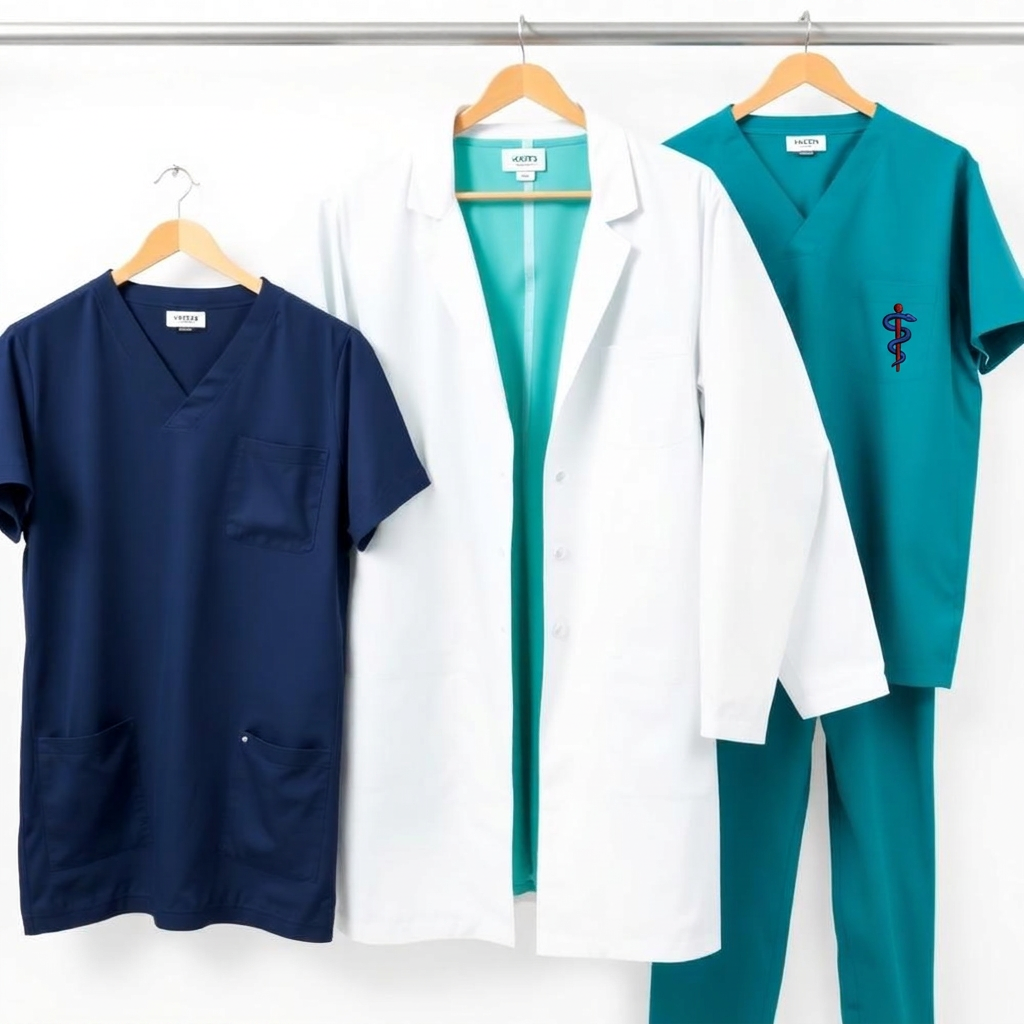 Hospital scrubs in navy and teal with a white coat on hangers