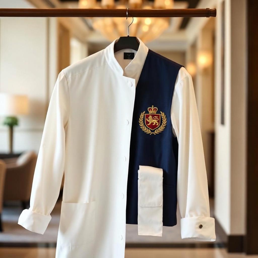 Hotel hospitality uniform with white jacket and navy waistcoat